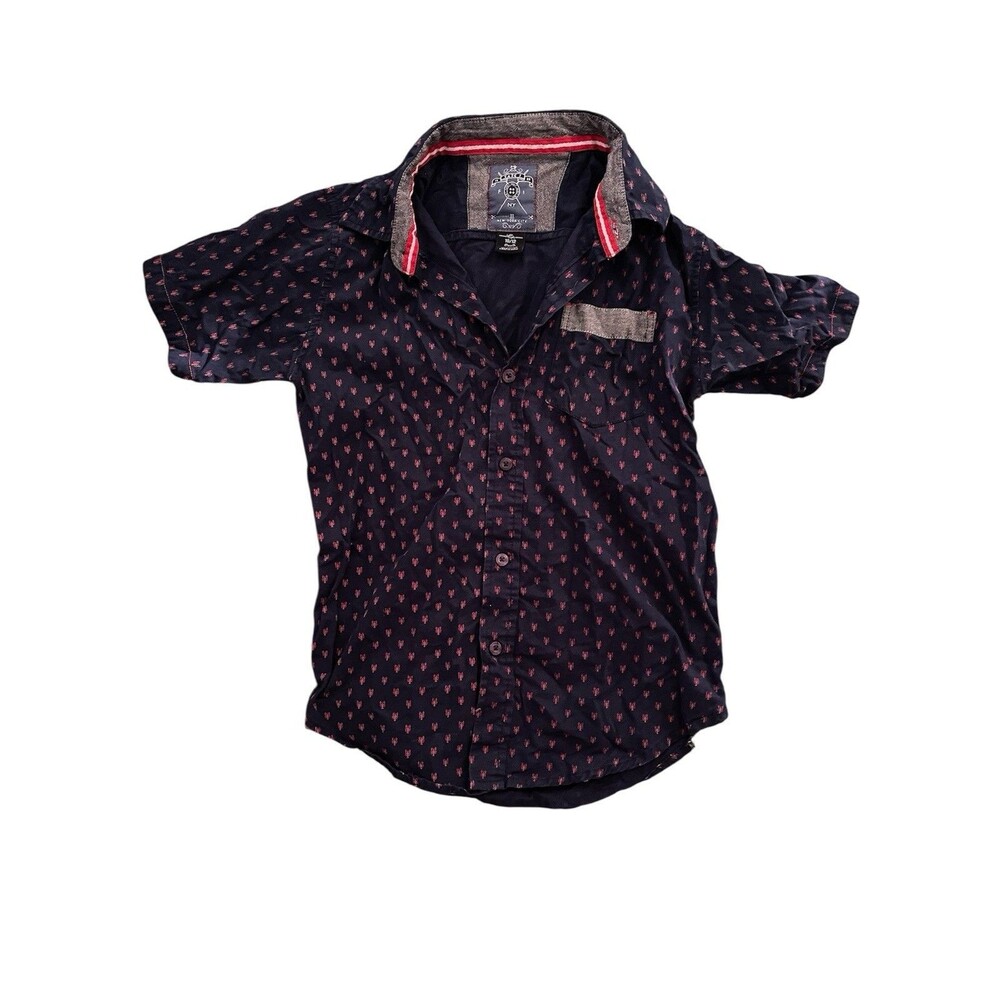 Faze 1 Boys Short Sleeve Button Down Shirt Navy & Lobster Print 100% Cotton